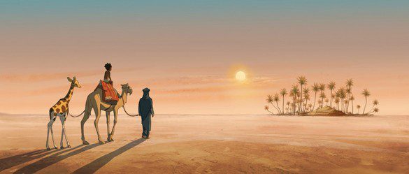 Dessin extrait du film "Zarafa" ou Maki, un enfant de dix ans, et traverse le désert avec Zarafa, une girafe.