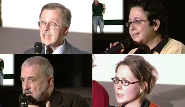 Mosaïque de photos des intervenants de la table ronde : Martin Norden, Carole Desbarats, Jean-Claude Carrière et Carole Wrona.
