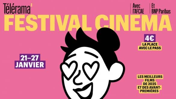 Bandeau du Festival Télérama / AFCAE : Sur fond rose, un visage dessiné en noir et blanc, avec des yeux en forme de cœur.