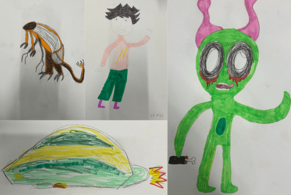 Montage photo de dessins réalisés pour l'atelier : une créature courbée à longue queue, un personnage aux traits humains, un personnage verdâtre aux grands yeux blancs, un vaisseau de forme ovale avec un réacteur en flamme.